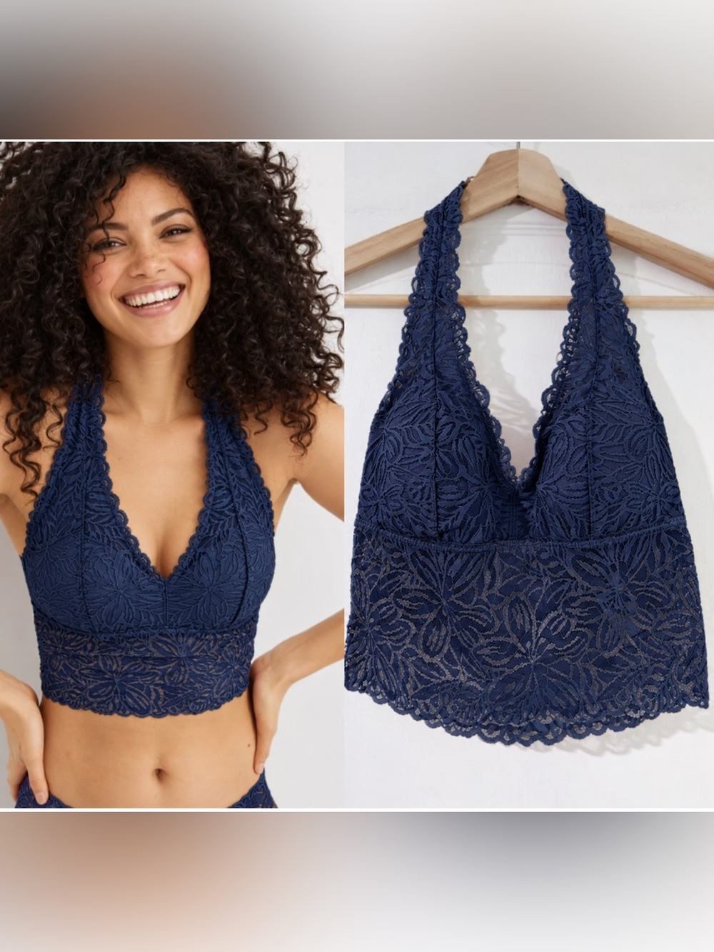 Aerie Firework Blue Lace Halter Longline Bralette M Boho Romantic